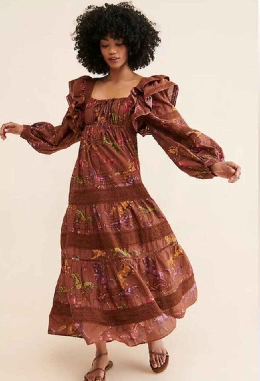 Farm Rio Brown Dotted Horse Tier Maxi Dress Balloon Sleeve Sz S Boho Equestrian